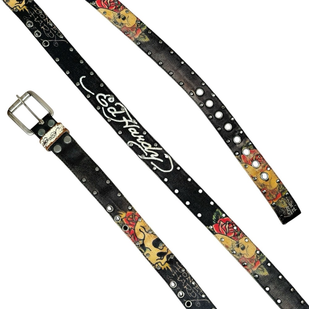 Vintage ED HARDY Embroidered Black Canvas Belt - Measures 49.5"